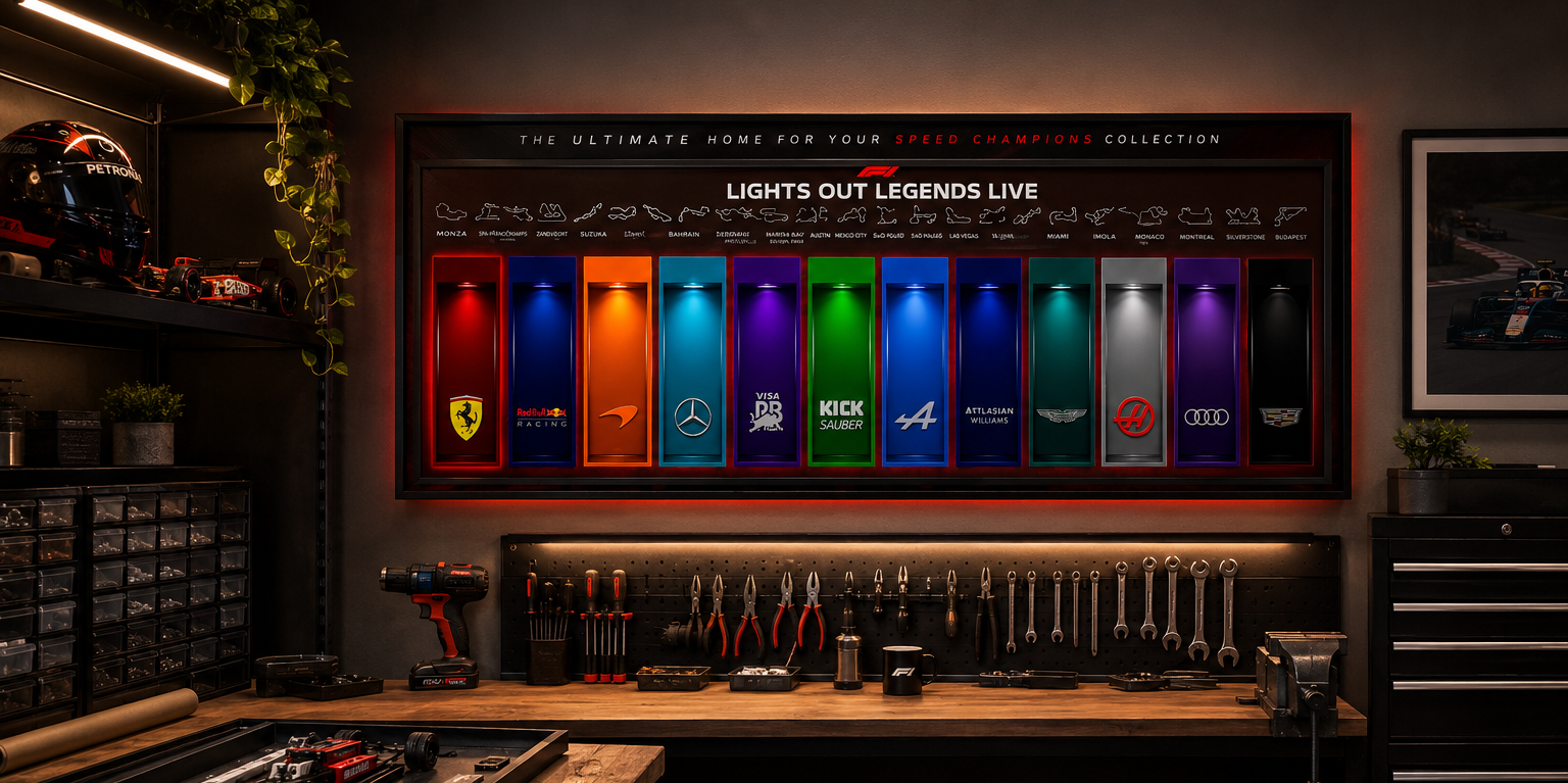 12-Slot Speed Champions Frame Premium — 120×46cm thick synthetic moulding LEGO Speed Champions wall display South Africa